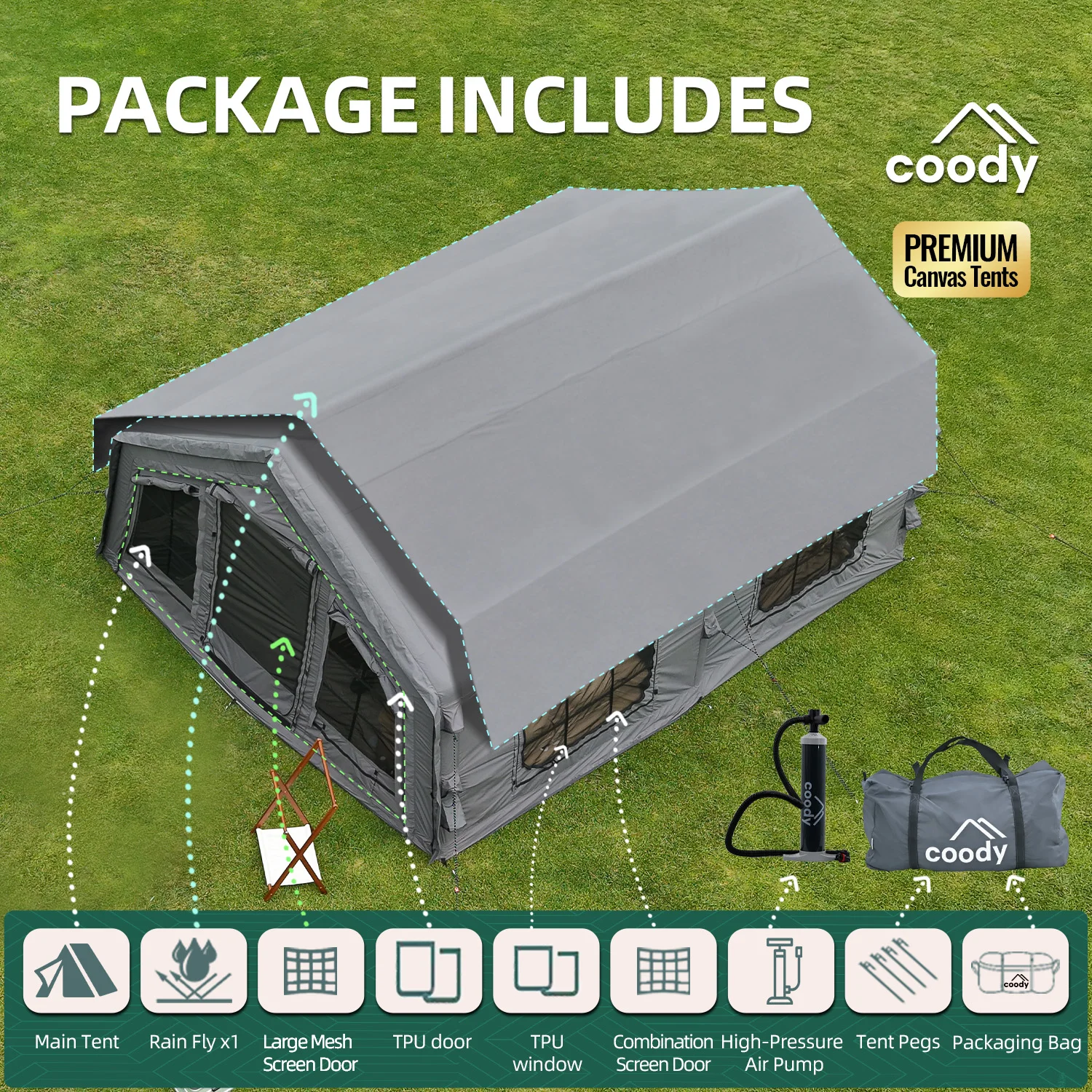 Familia 17.2 Air Tent-Gray Large Outdoor Family Camping 5-8 Person Inflatable Tent 4 Season Portable Family Air Tent