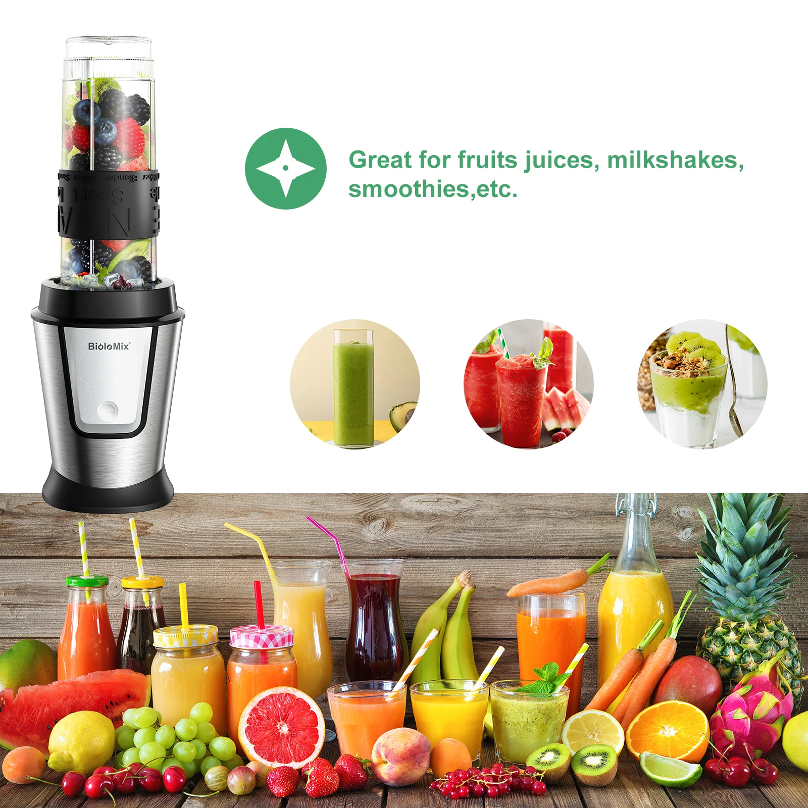 BioloMix 3-in-1 Multifunctional Food Processor 700W Portable Juicer For Baby, Blender Personal Smoothie Mixer Food Chopper