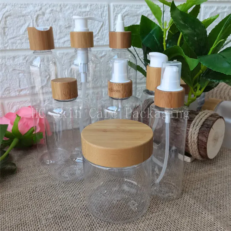 

Wholesale beauty frosted plastic/white plastic/clear plastic bottles and jars enviromental wood bamboo cap spray pump bottles