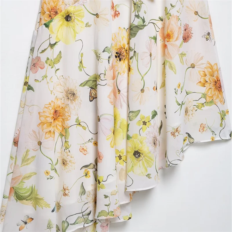 KEYANKETIAN ผู้หญิงดอกไม้พิมพ์ Halter Backless ชุดชีฟองไม่สมมาตรฉัตร Slim วันหยุดลมแกว่งคอ MIDI ชุด