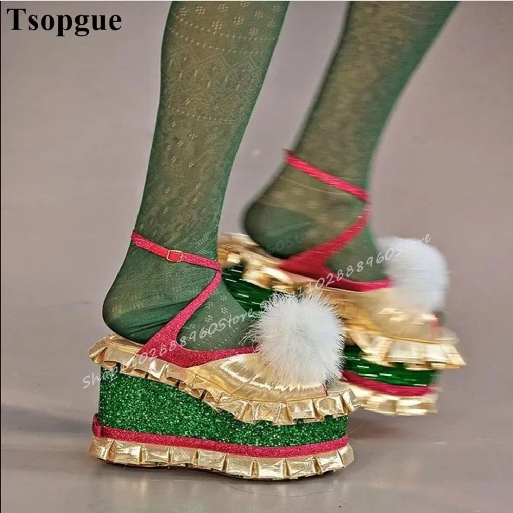 

Catwalk Mixed Thick Soled Ruffles Sandals Flat With Women Shoes Ankle Buckle Strap Round Toe Gorgeous Luxury Women Sandals