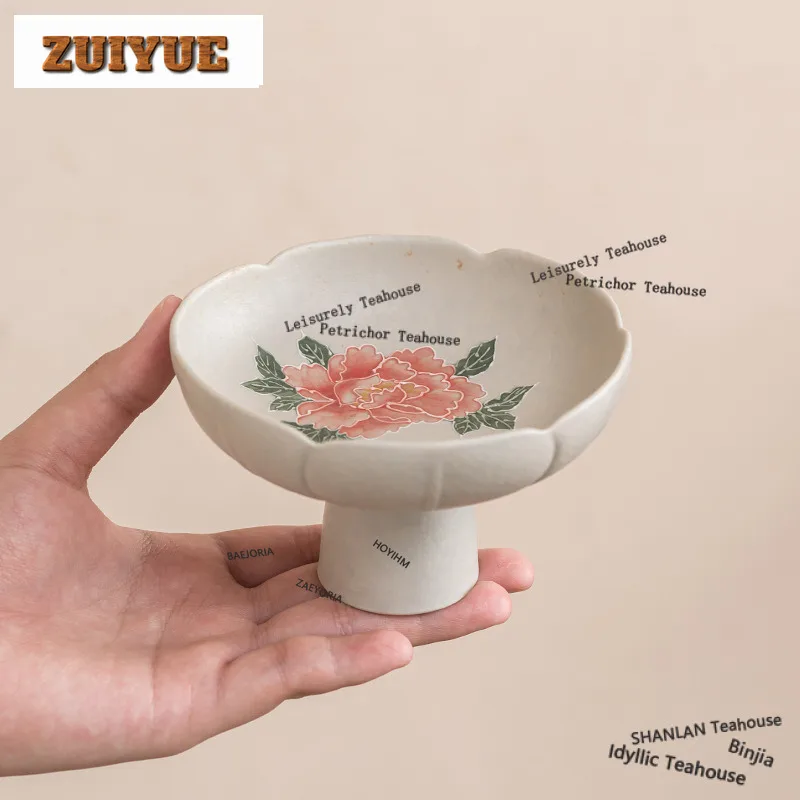 HOYIHM Hand-painted Peony Flower High Foot Fruit Dishes Aesthetic Pastry Plate Fruit Plate Household Hospitality Dishes Supplies