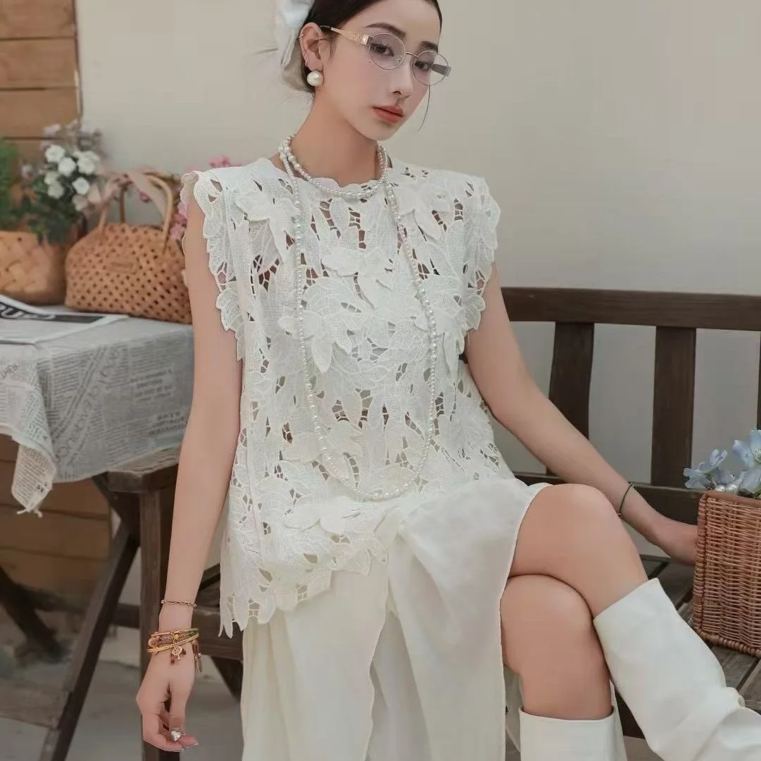 

Женский топ, лето 2025 года, французская вязаная крючком рубашка, кружевной жилет с цветочным принтом, женская белая блузка без рукавов Blusa