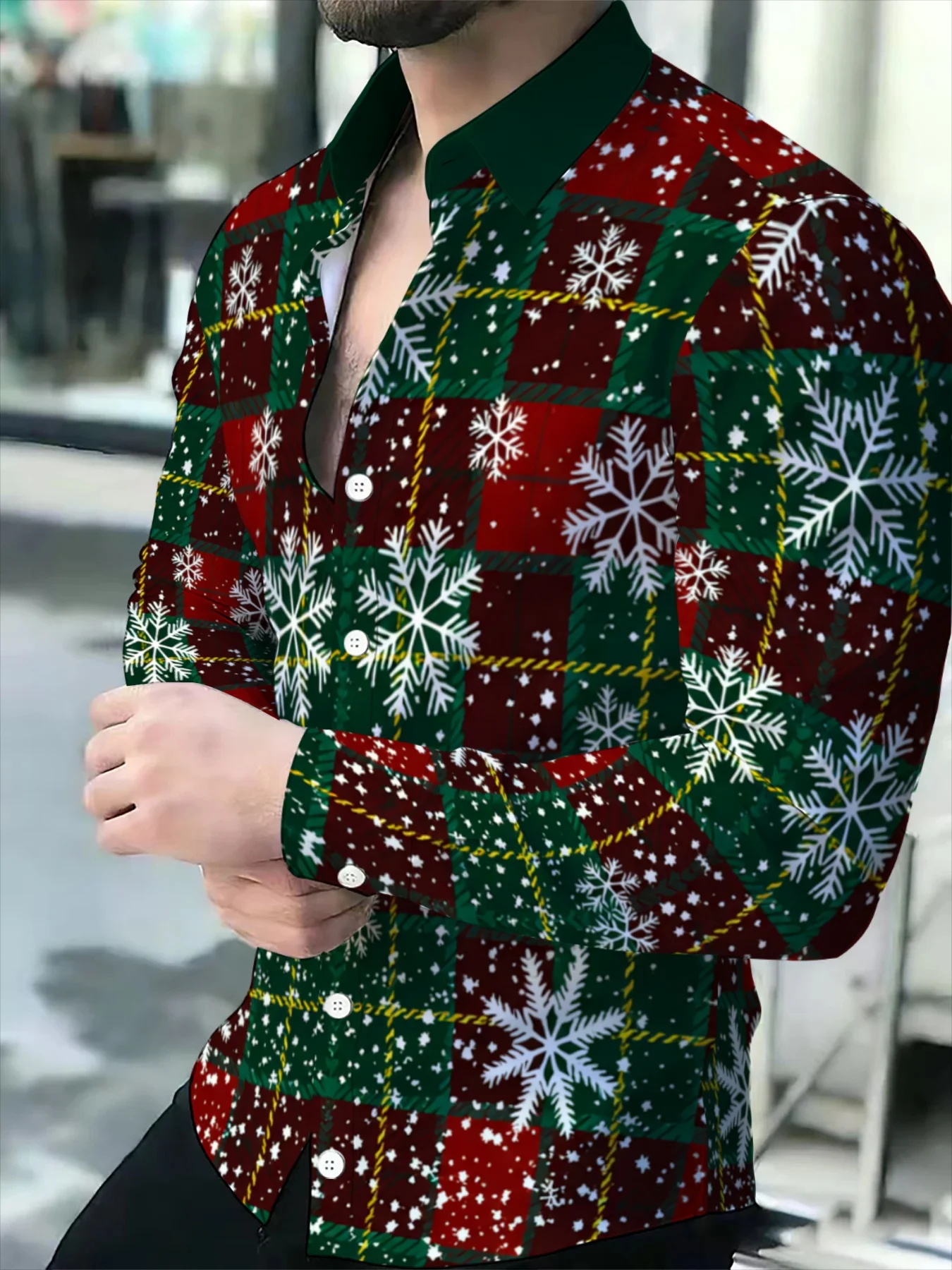 Mens Festive Xmas Shirt, Red Green Tartan Check White Snowflake Full Print Long Sleeve Button Up Party Outfit