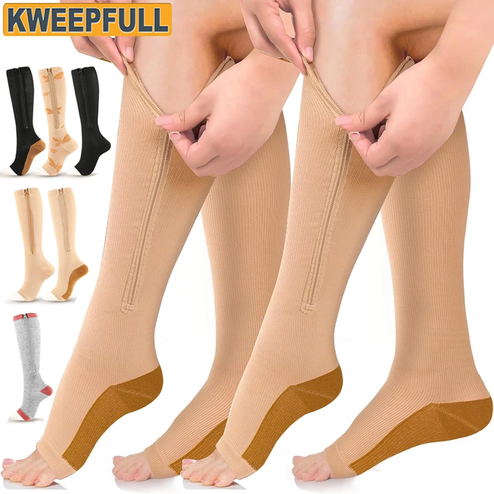 1Pair Zipper Compression Socks for Women & Men, Open Toe 20-30mmHg Zipper Compression Socks For Fatigue Swelling Circulation