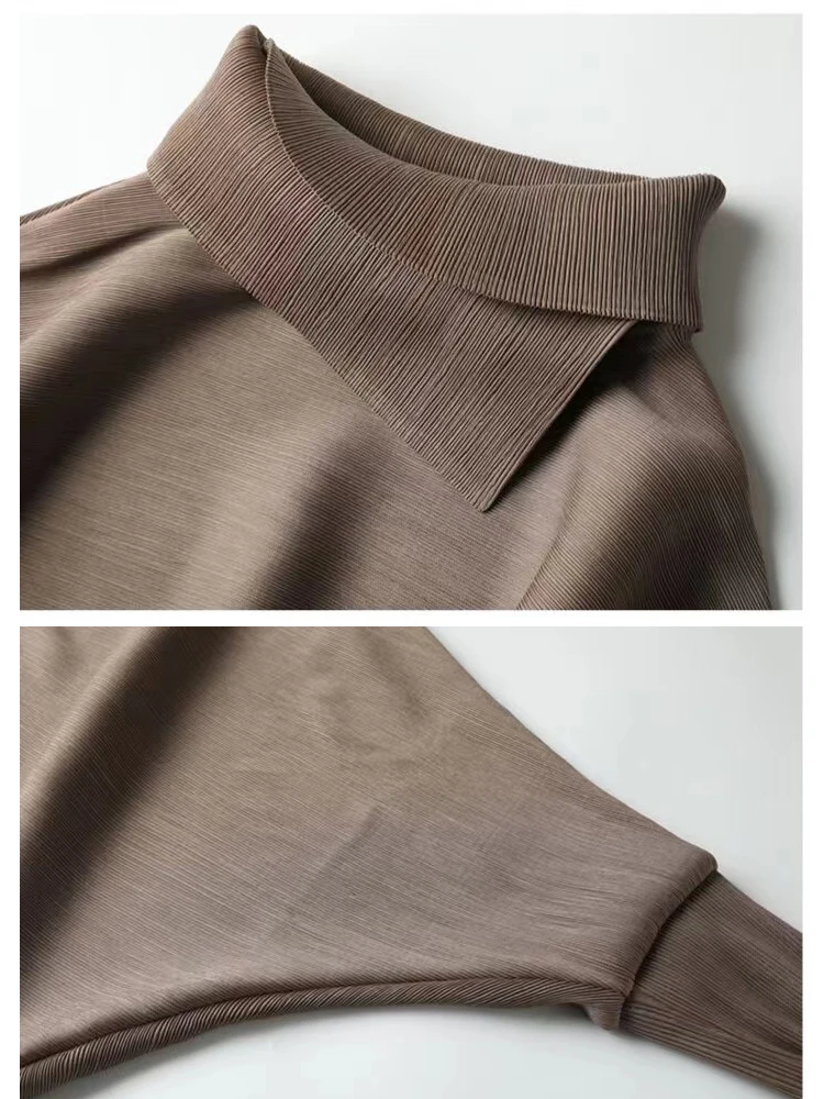 Women Miyake Pleated 2023 Fold Spring Solid Color Top Lapel Loose Large Size Bat Sleeves Designer Polo Collar Aesthetic Clothes