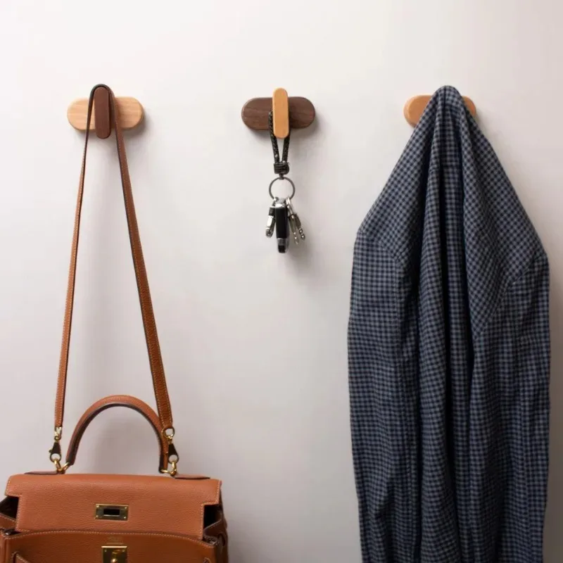 1/2pcs Minimalist Wood Adhesive Wall Hooks No Drill Clothes Hook Multi-use Hat Bag Hanger For Home Bathroom Entrance Deco