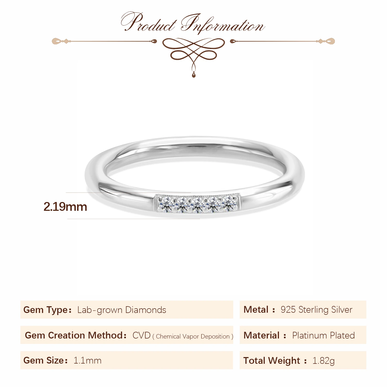 Potiy Valentine's Day Love 5 Stone 0.03ct Lab Created  CVD Grown Damiond Wedding Band Stacking Ring 925 Sterling Silver
