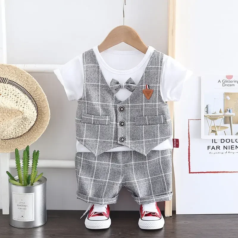 

New Summer Children Baby Boys Cotton Clothes Infant Patchwork Kid Gentleman Bowknot Tie T-Shirt Toddler Fashion Clothing SUIT