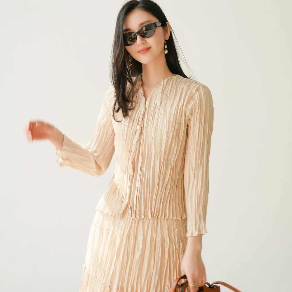 Pleats Handmade Pleated 2024 Fall And Spring New Simple Top Jacket Half Skirt Suit Loose Elegant Gentle Stretch Women's Clothing