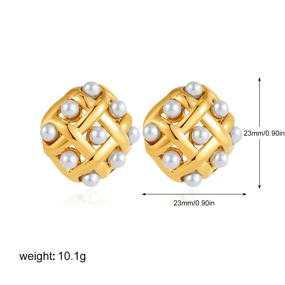 Vintage Gold Plated Stainless Steel Earrings for Women Metal Weave Double Layer Imitation Pearl Stud Earring Elegant Jewelry