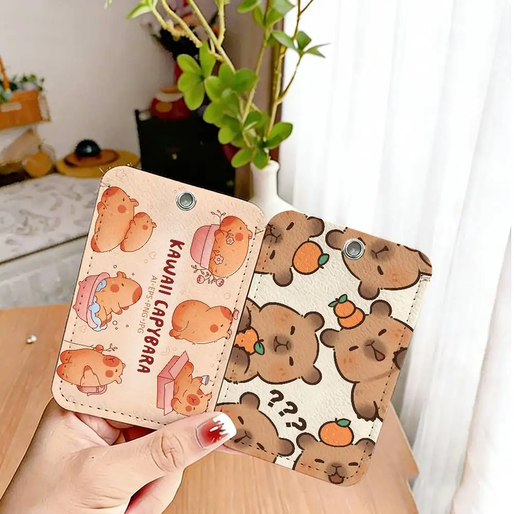Cute Capybara 1Pc PU Leather Card Holder Keychain Key Ring Door Lock Access Tags ID Card Case Keychain Card