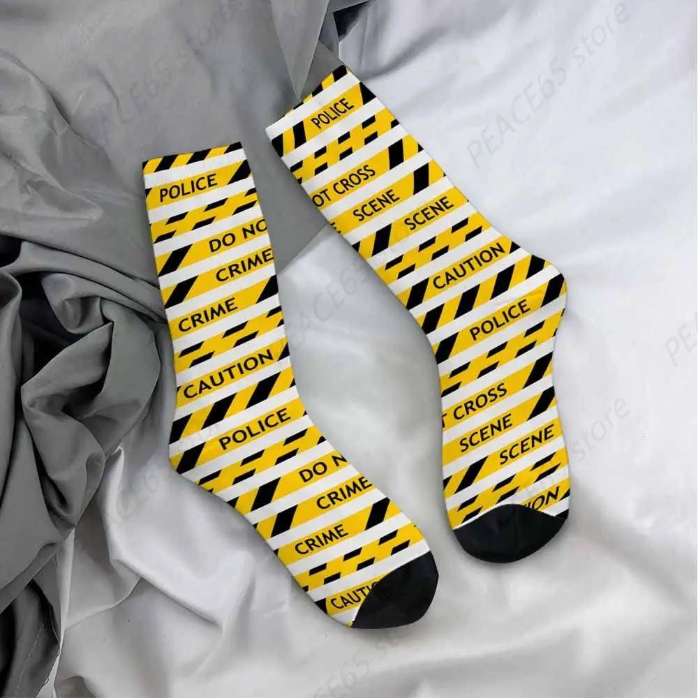 Socks Yellow Police Tape Athletic Crew Socks Do Not Cross Crime Scene Black Diagonal Striped Black for Men Women Cool Cute