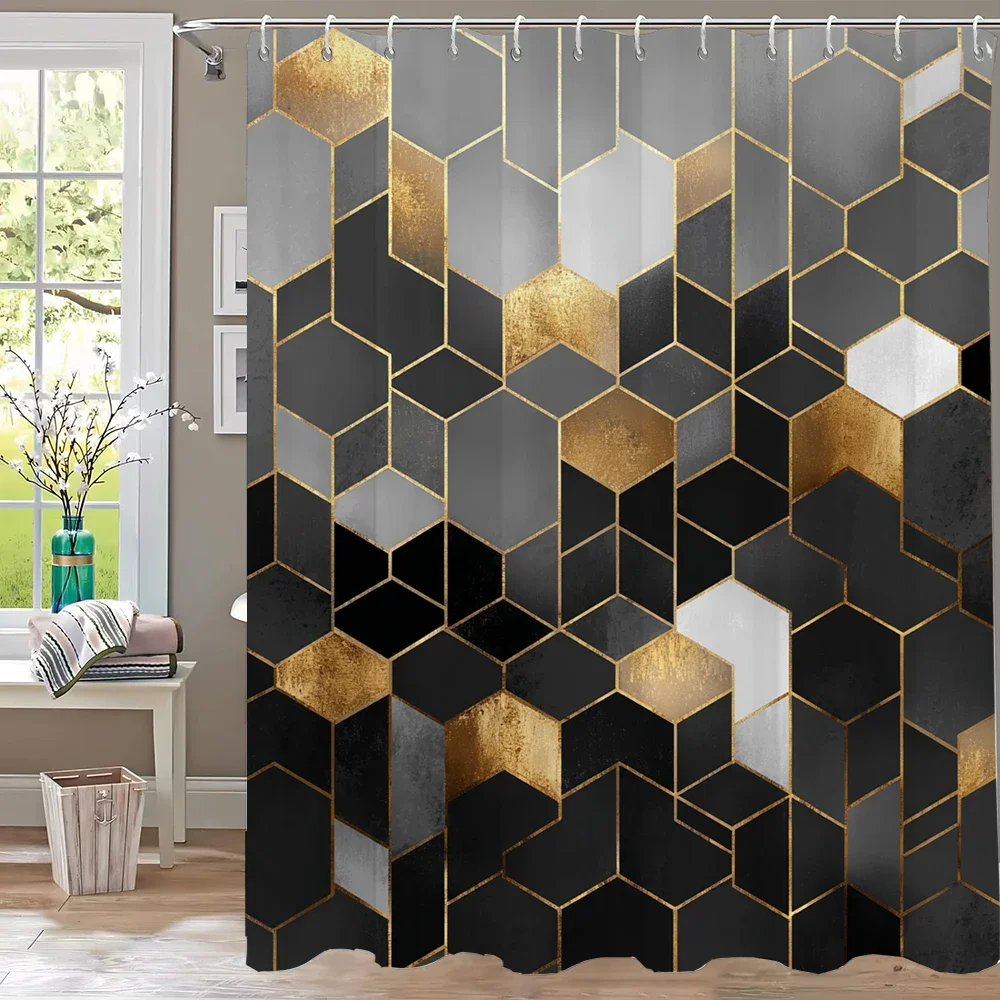 1pc Black and Gold Geometric Print Shower Curtain Partition Privacy Hanging Curtain with 12 Hooks Multiple Size Machine Washable