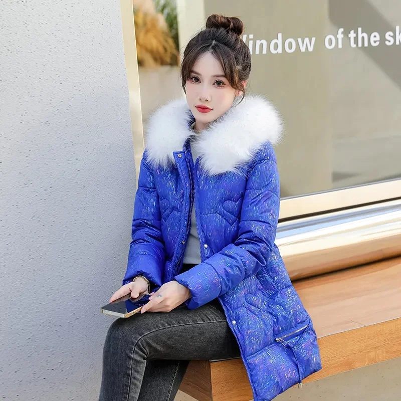 

High Quality Winter Down Cotton Jacket Women Colorful Bright Hooded Parkas Thicke Mid Long Cotton Padded Coat Female Outerwear