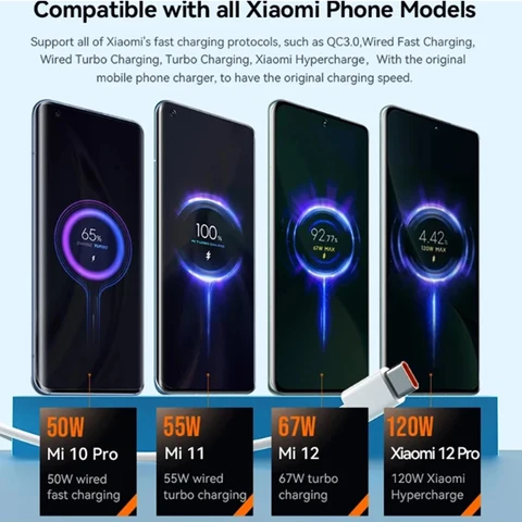 Оригинальный зарядный кабель Xiaomi 33 Вт 55 Вт 67 Вт 90 Вт 120 Вт 6A Usb Type-C, кабель для быстрой зарядки для Mi 14 13 12 11 Pro Ultra Redmi K30 K50 K60S