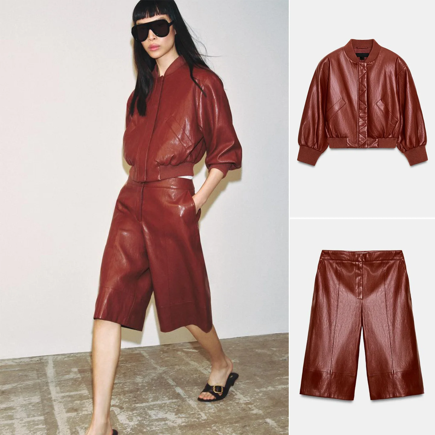 

Повседневный комплект из двух предметов: удлиненная куртка-пилот с подплечниками и укороченные брюки на молнии, модный женский весенний образ