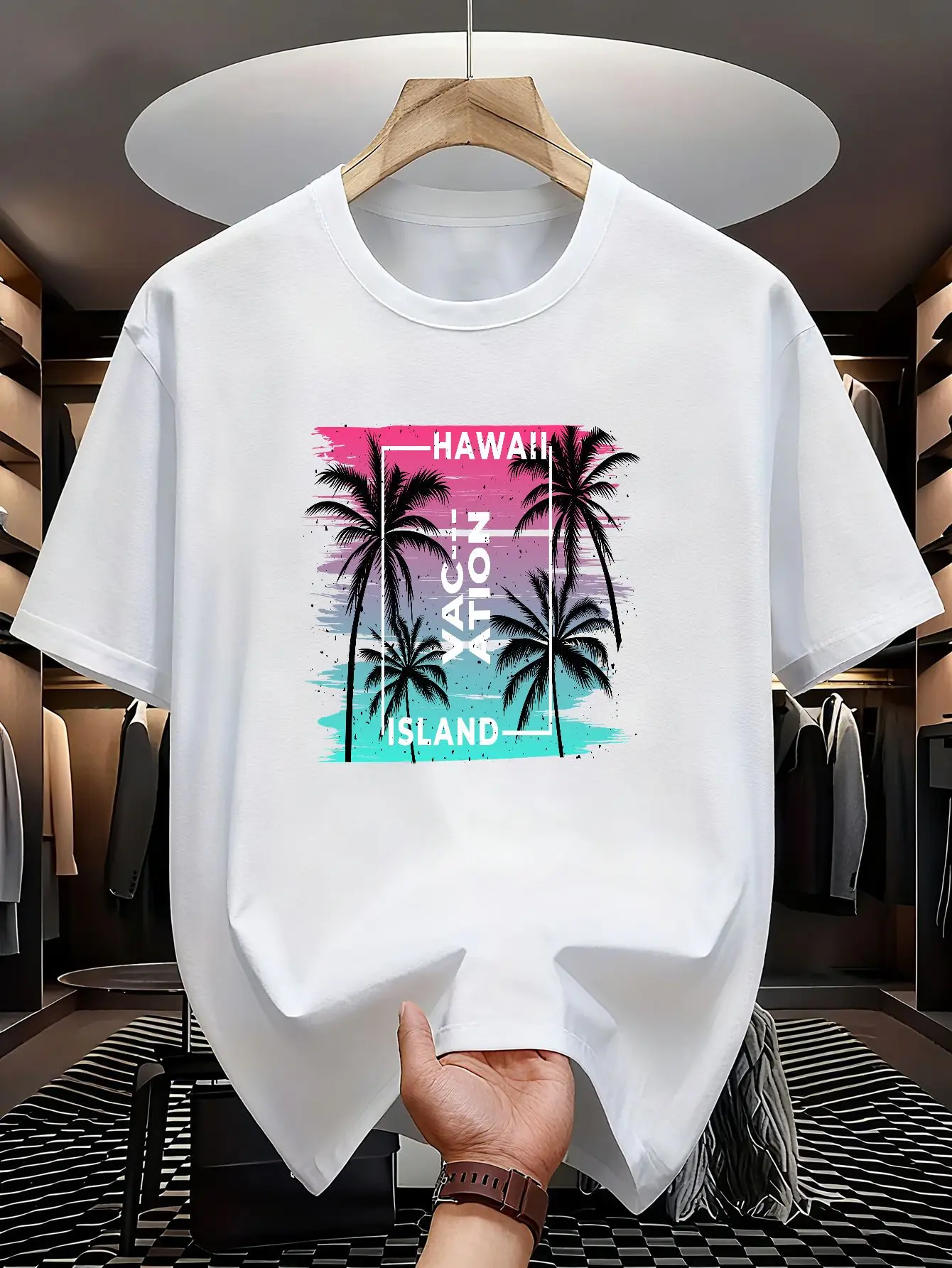 Neon Gradient Hawaii Palm Tree Vacation Print on Premium Soft 100% Cotton Mens T shirt Perfect for Summer Beach Casual Style