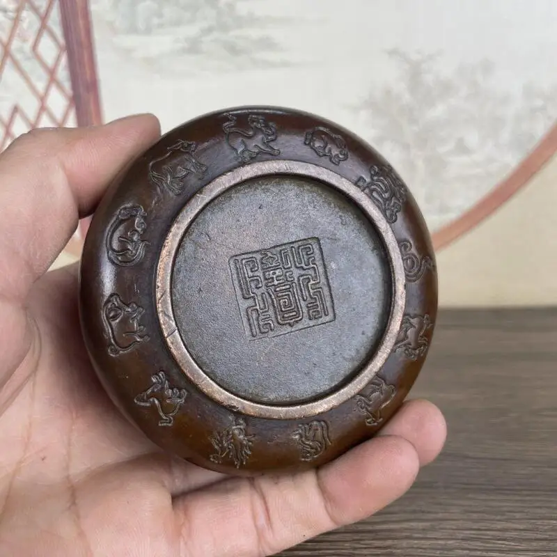Antique Copper Six Character Mantra Aromatherapy Stove Twelve Zodiac Relief Tea Ceremony Decoration Ornament