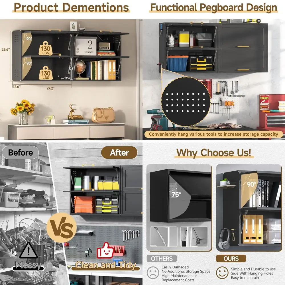 

Black Steel Wall Cabinet with 2 Floating Shelves for Garage, Basement, Home Office, Kitchen, or Warehouse