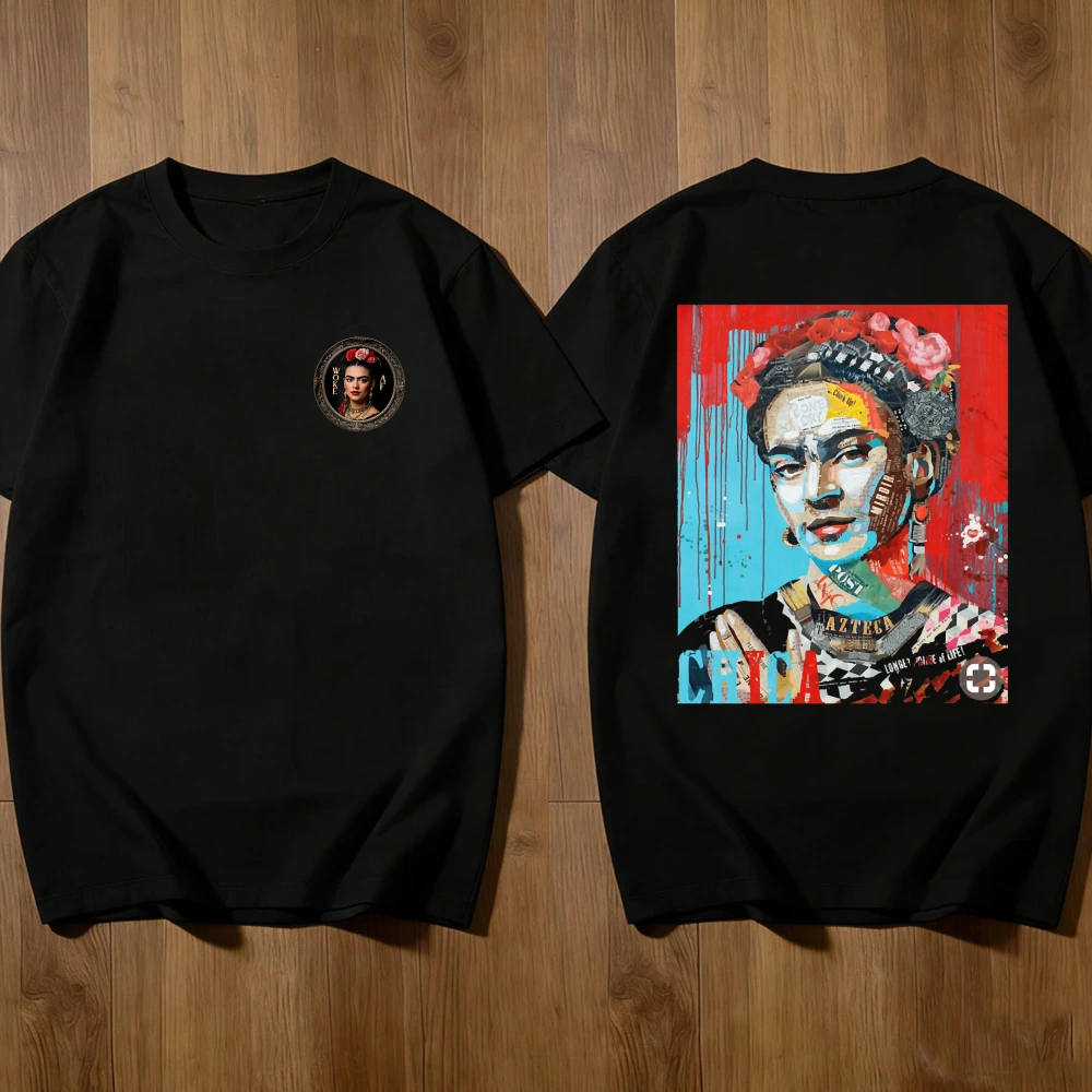 Camiseta con Gráfico de Collage de Doble Cara de Frida Kahlo para Mujer, Estilo Retro Mexicano, Ropa Casual de Calle, Manga Corta, Algodón