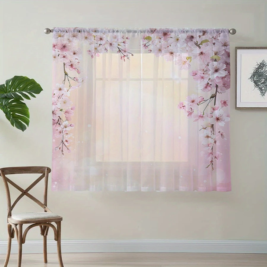 2PCS Digital Print Sheer Curtains, Spring Cherry Blossom Sakura, Japanese Floral Pink for Bedroom Living Room Home Decor