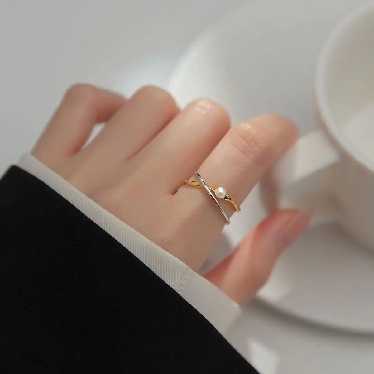 Women's 925 Sterling Silver Gold Cross Pearl Adjustable Ring