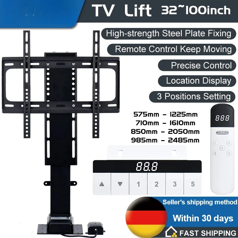 

Motorized TV Lift for 32“ ~100" TVs,Height Adjus TV Stand and Wall Mount Remote Control and Memory Setting Lift TV Bracket