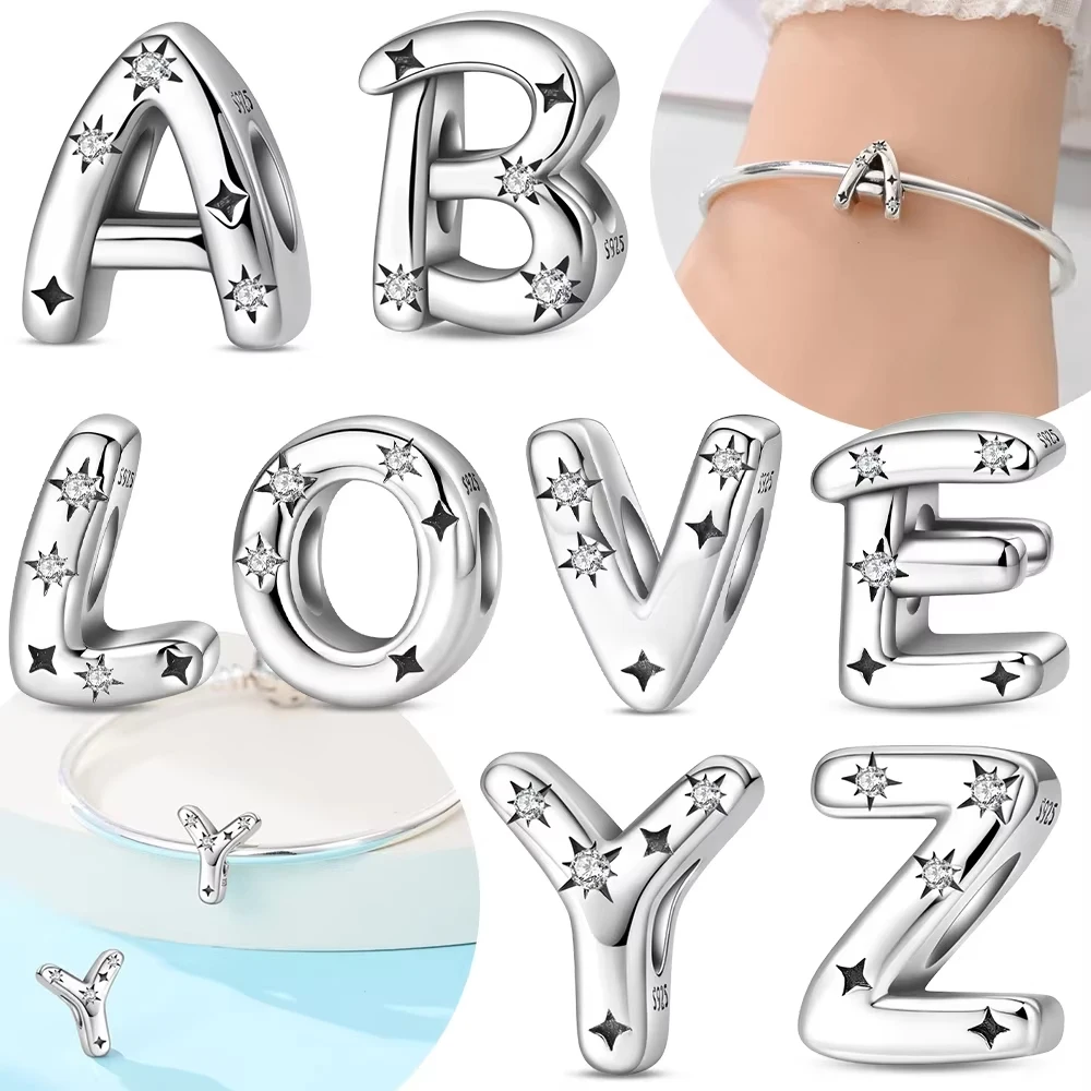 Original 925 Silver Elegant A-Z 26 Letters Charms BeadsFit Original Bracelets Bag Keychain Pendant Diy Women Jewelry Gift