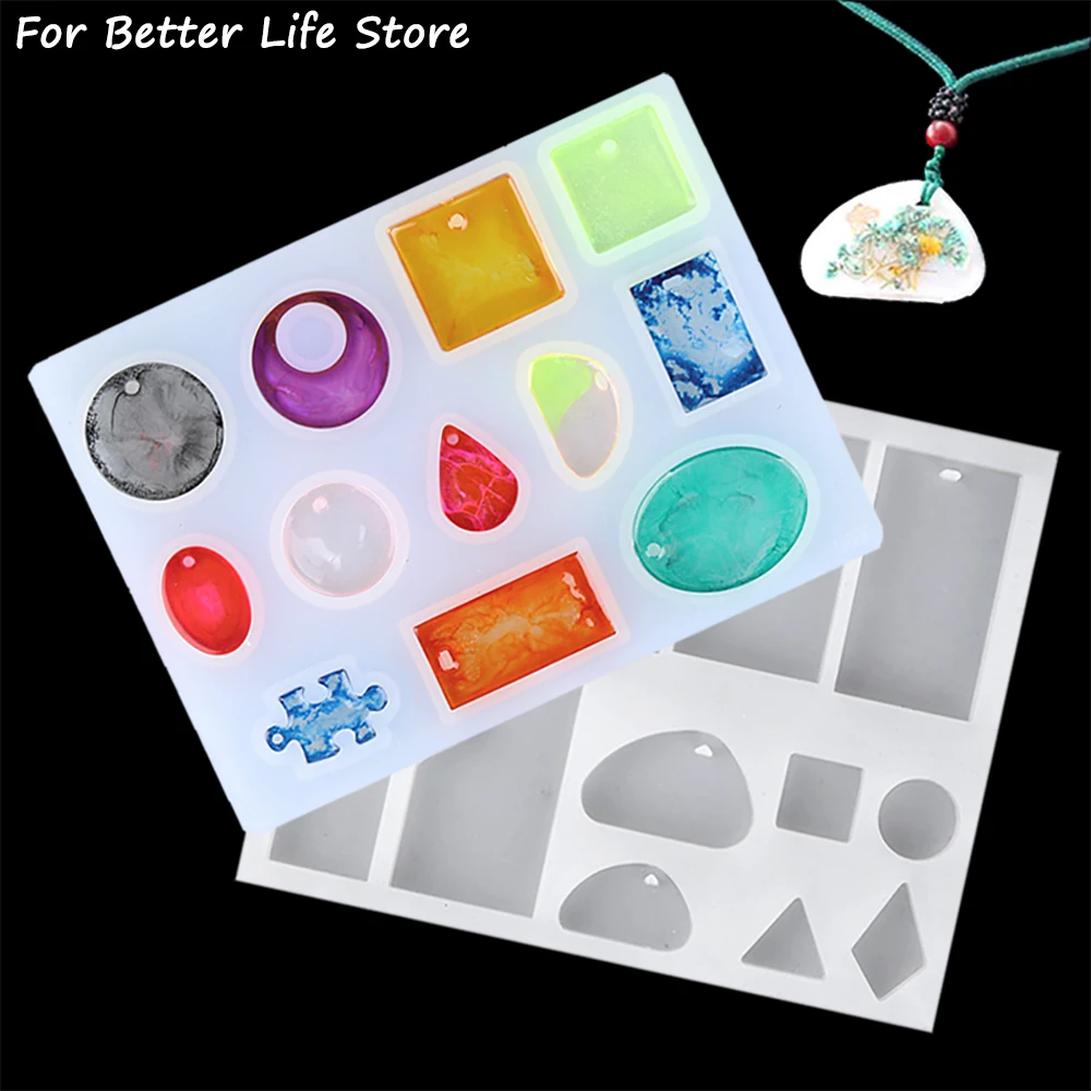 1Pc 2 Style Transparent Pendant Silicone Mold DIY Jewelry Water Drop Square Oval Puzzle Necklace Crystal Epoxy Resin With Hole