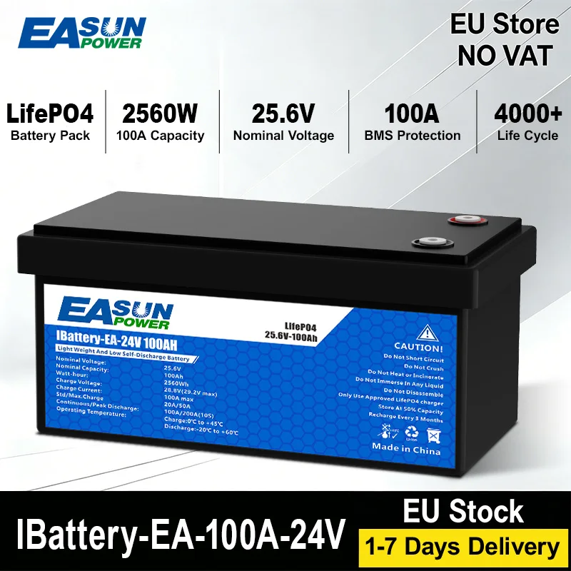 Image of Easun LifePO4 24V 25,6V 100Ah 2560W Akku Grade A BMS Parallel und anpassbar + 4000 Cycle Life Polen Stock für Zuhause