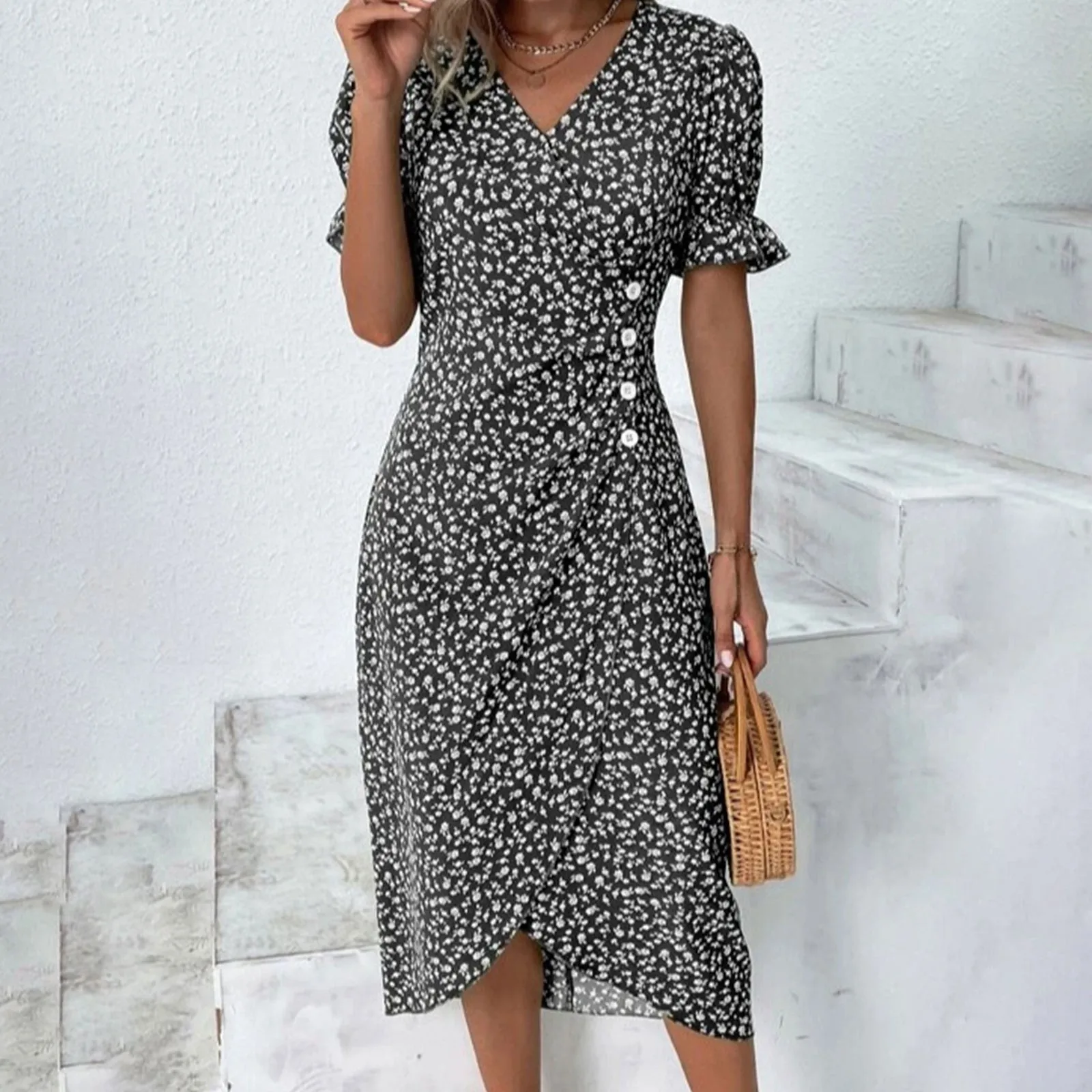 

2024 Elegant Floral Pleated H Line Midi Dress Female Casual V Neck Puff Sleeve Waist Ruched Button Dresses Women Summer Sundress