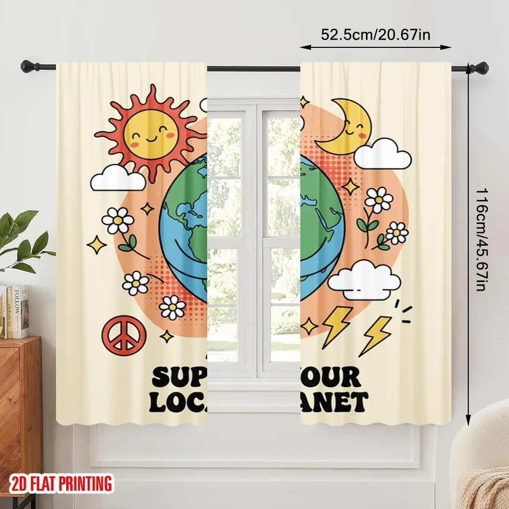 2pcs 2D flat printing Party Curtains Groovy Earth Love Planet Fabric Without Electricity Holiday Decorations Perfect for Bedroom