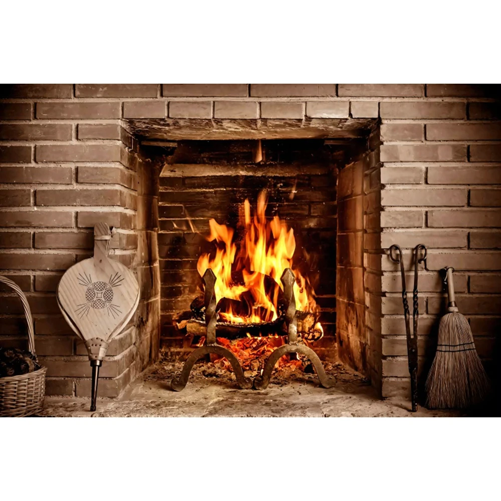 Winter Burning Firewood Backdrop Christmas Brick Wall Fireplace Flame Wood Baby Portrait Photography Background For Photo Studio