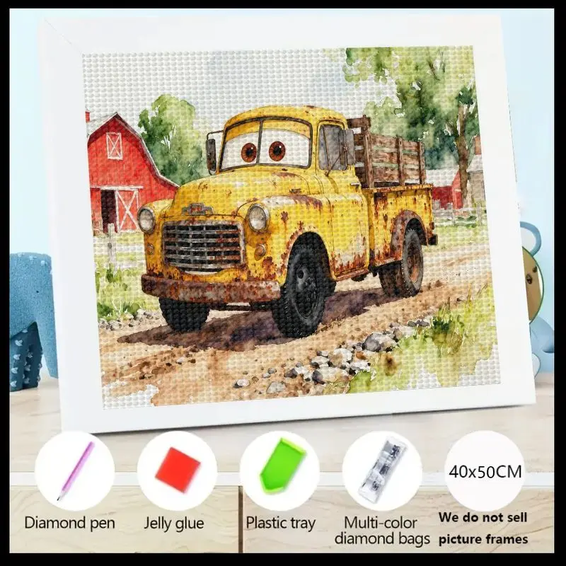 

1PC 5D Full Drill Diamond Painting Kit, DIY Creative Vintage Yellow Pickup Truck with Cartoon Eyes, Rustic Red Barn Farm Scene S