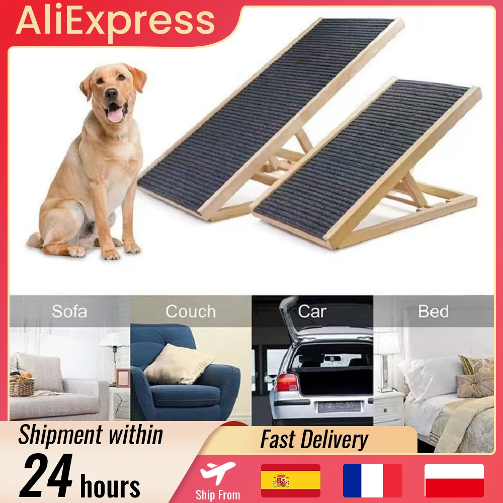 Rampe réglable pour chien, rampe pliante en bois pour chien et chat, pour voiture, canapé, lit, surface antidérapante, 2/4 niveaux, hauteur réglable