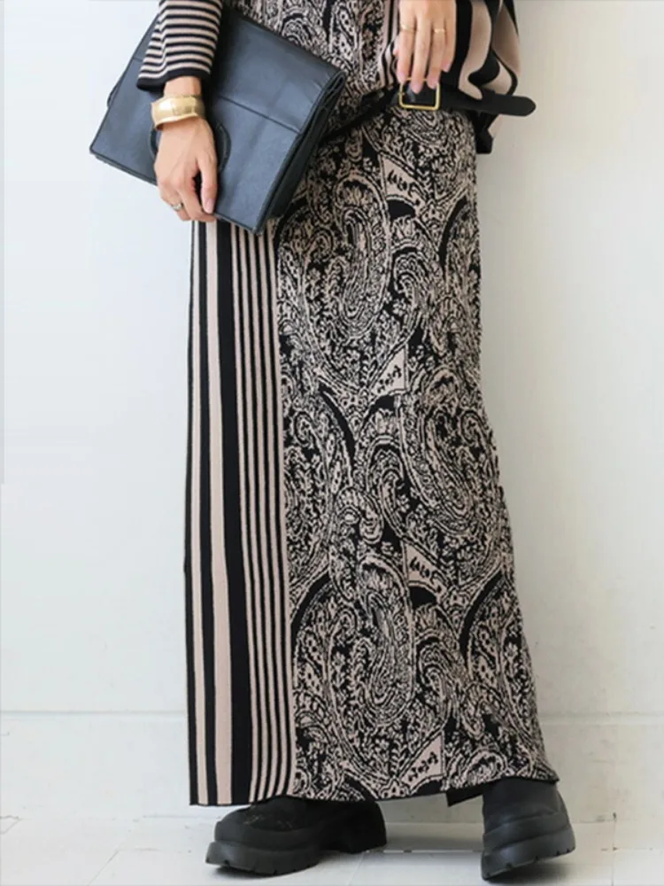 Gymystars Elegant Knitted Striped Skirt Autumn Winter Loose A-Line Column Pocket Trend Fashion High Waist Women's Long Skirts