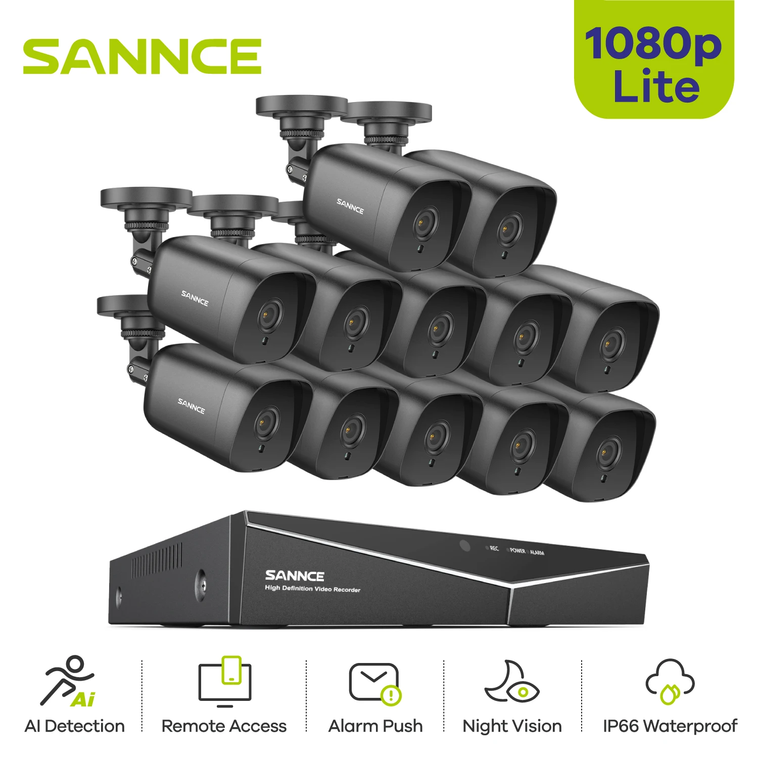 

SANNCE 16CH 1080P Lite Video Security System 1080N 5IN1 DVR With 12PCS 1080P Outdoor Weatherproof Surveillance Cameras CCTV Kit