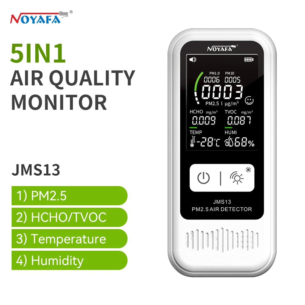 

NOYAFA 5 IN 1 Air Quality Monitor JMS13 PM2.5 HCHO TVOC Test Humidity Temperature Meter Multifunctional Gas Detector Home Tester