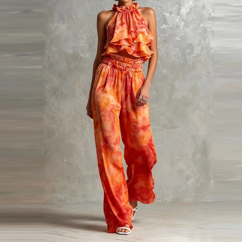 

Elegant Pattern Print Wide Leg Pant Loose 2Pc Sets Ruffled Edge Holiday Outfits Sexy Halter Neck Top & Wide Leg Pant Women Suit