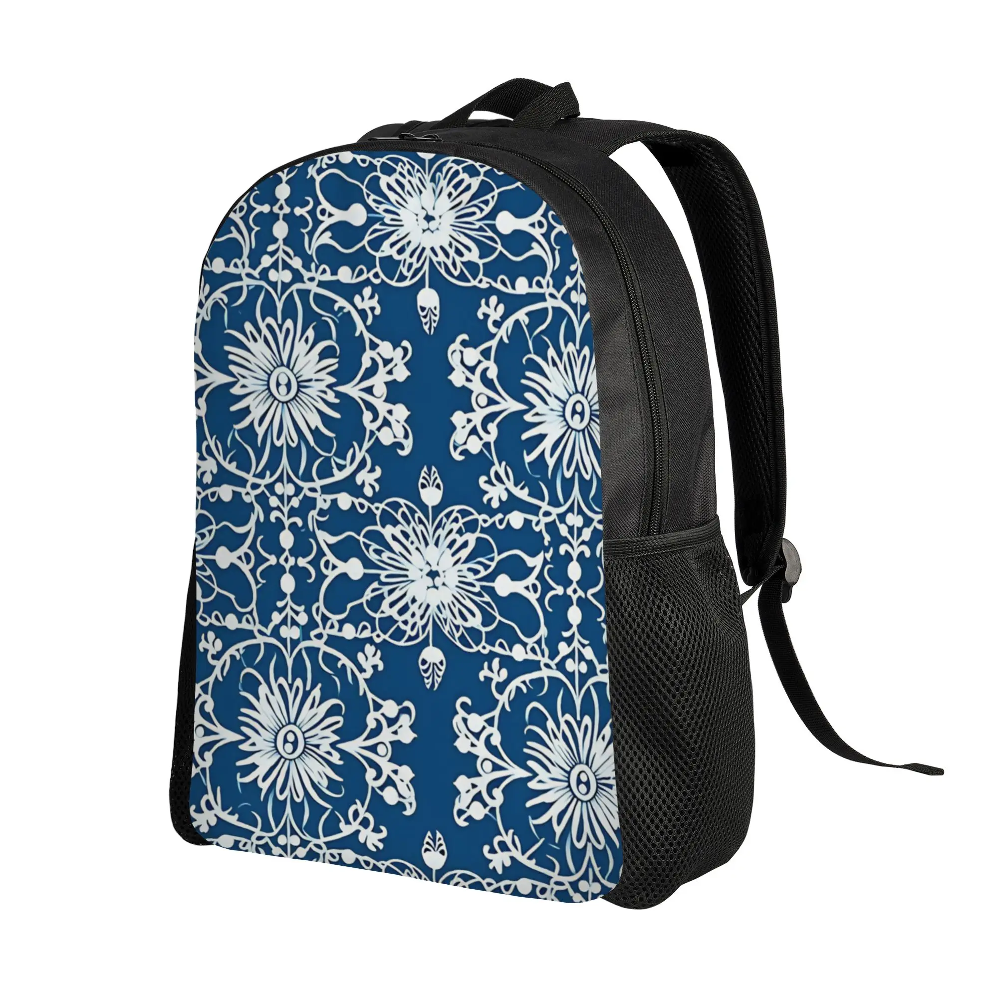 Blue Ornate Floral Backpack Teen  Large Backpacks Polyester Streetwear School Bags University High Quality Rucksack