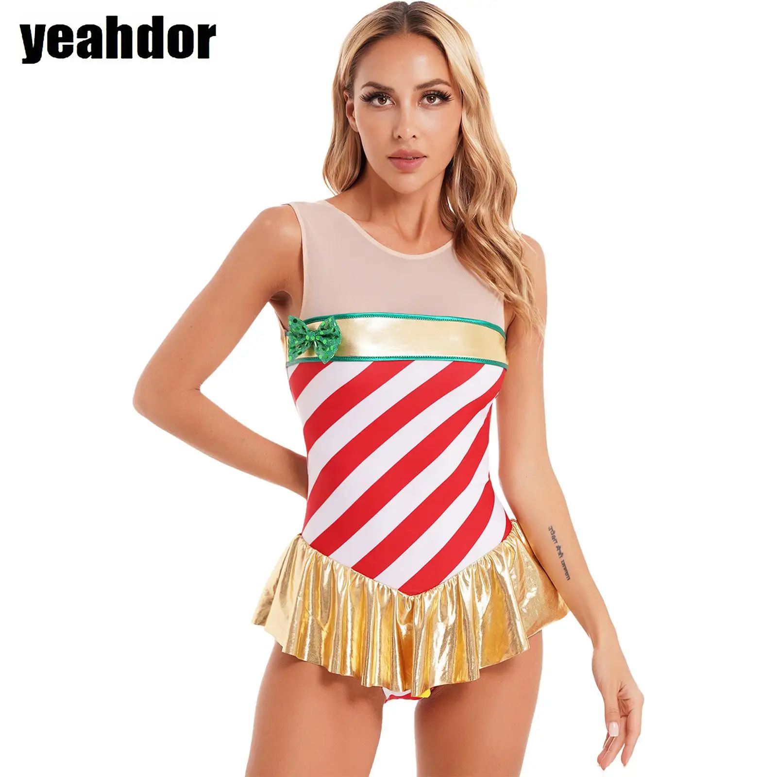 

Women Christmas Performance Costume Sequin Mesh Santa Claus Striped Candy Cane Dance Dress Sleeveless Ruffled Leotard Dresses