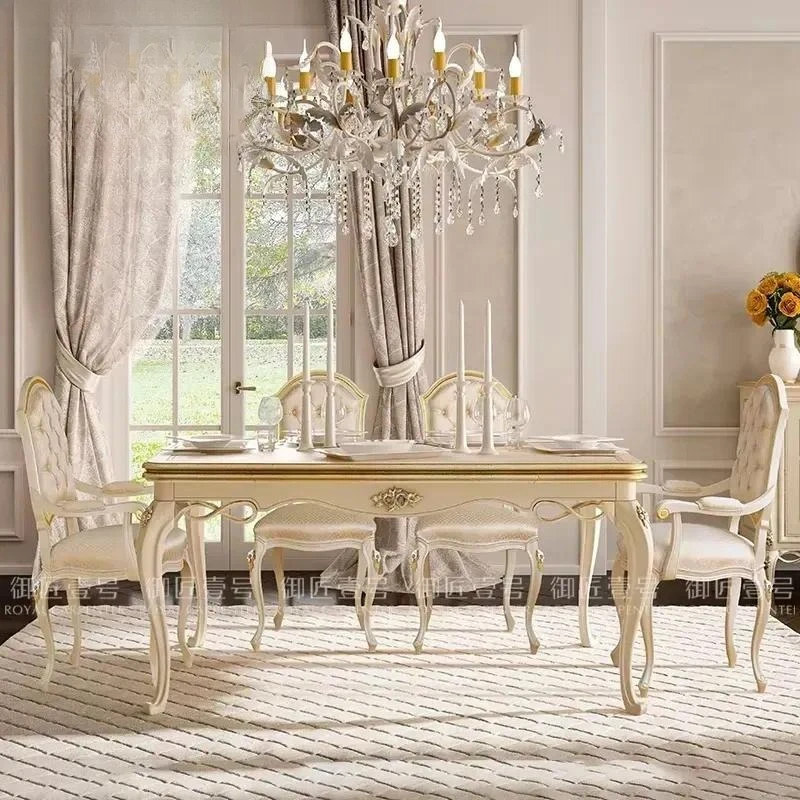 European Style Rectangular Dining Table Set with Fabric Armchair Long Narrow Design for Apartment Living Room Home Furniture