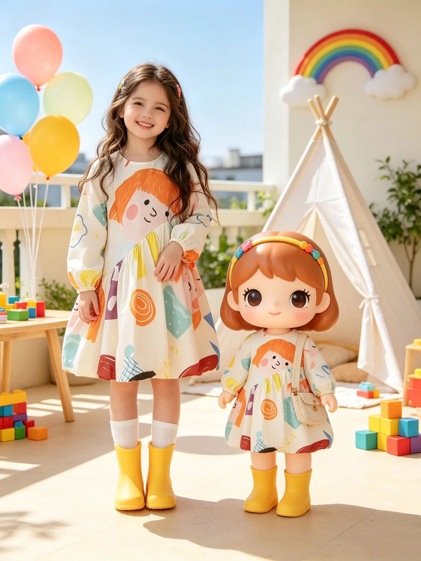 Knee-Length Loose Fit A-Line Dress Casual Game And Vacation Wear with Random Cartoon Print Long-Sleeved Women's Fashion