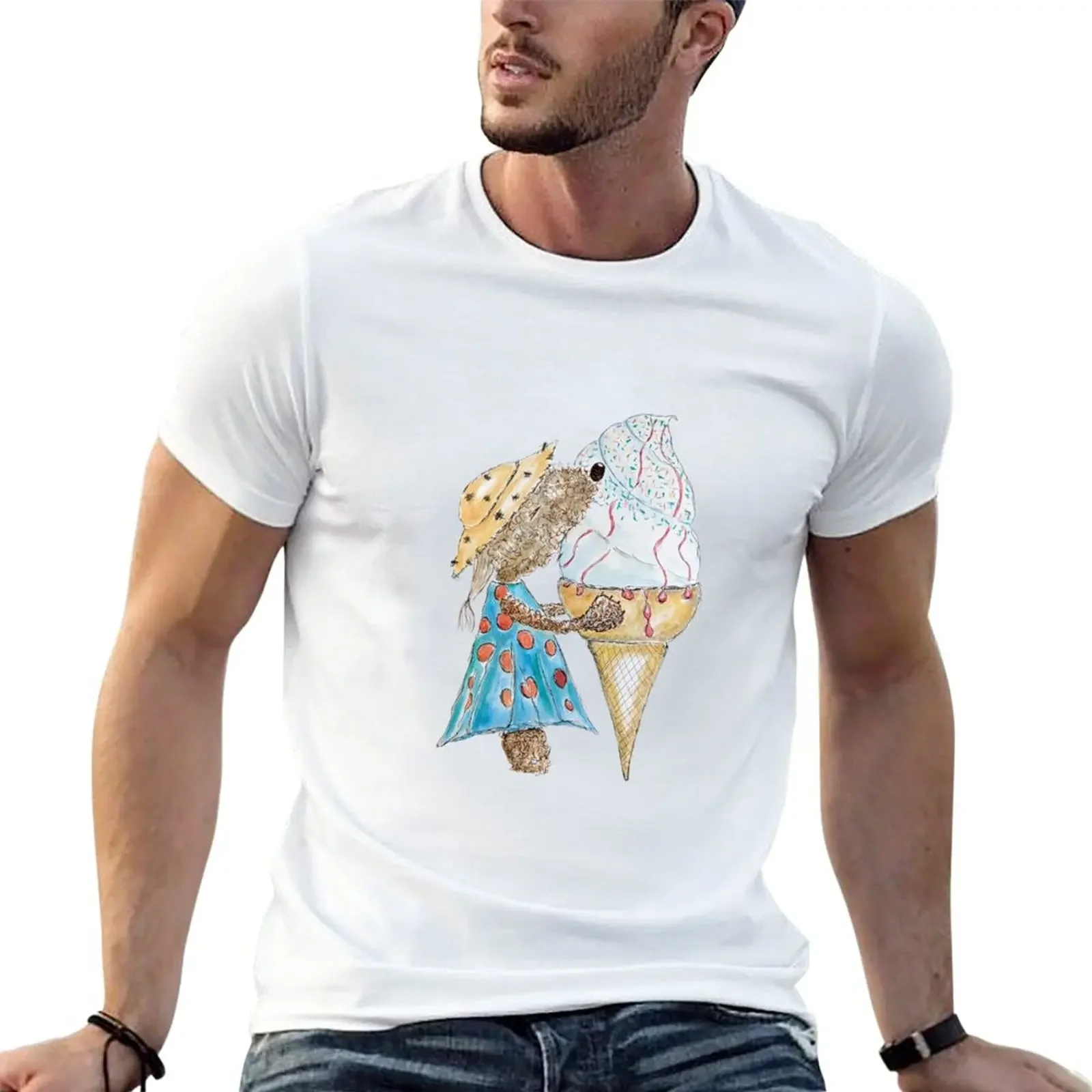 Camiseta de perro bedington Terrier en blanco para hombres, ropa vintage, material barato, perro marrón que come helado, nuevo