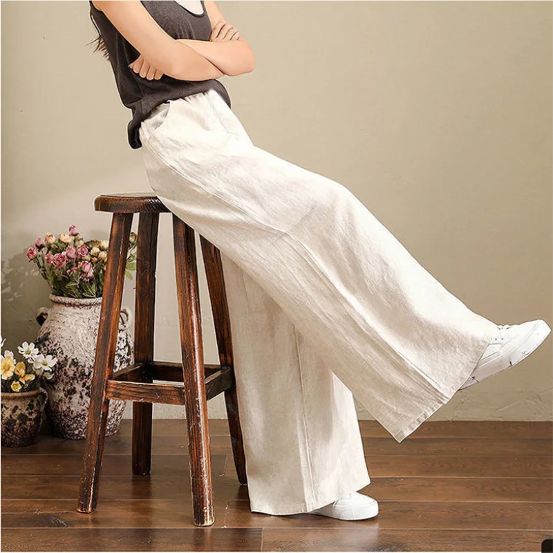 Women Vintage Wide Leg Pants Cotton Linen High Waist Baggy Trousers Mom\'s Ankle-length Oversized Pantalones New Elegant Spodnie