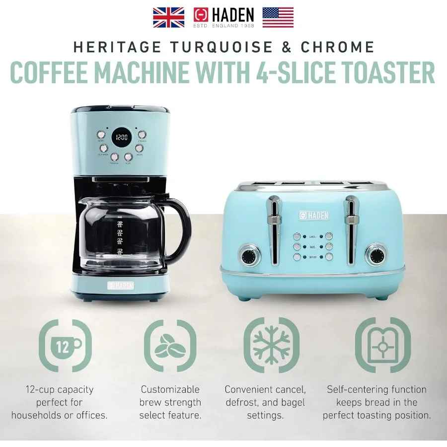 ماكينة صنع القهوة بالتنقيط القابلة للبرمجة سعة 12 كوبًا مع محمصة خبز متكاملة من الفولاذ المقاوم للصدأ بفتحة واسعة من الفولاذ المقاوم للصدأ باللون الفيروزي والكروم #4