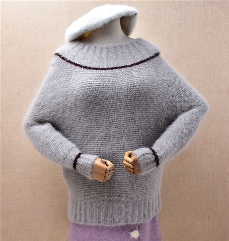 

Women Mujer Fall Winter Clothing Hairy Angora Rabbit Hair Knitted Slash Neck Long Sleeves Slim Blouses Pullover Sweater Jumper