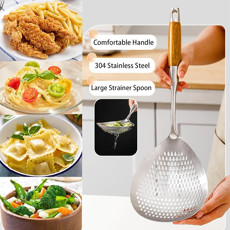 

40.5cm Slotted Spoon, Large Skimmer with 0.3" Holes & Hang Hole, Stainless Steel and Wood for Kitchen, 1PC Cooking Utensil