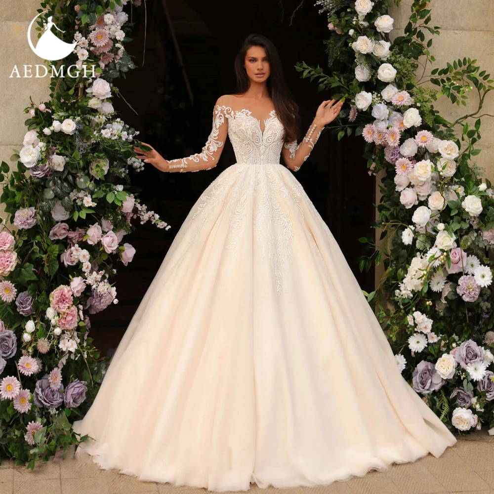 

Aedmgh А-силуэт Винтажные свадебные платья Милая с длинным рукавом Vestido De Novia Кружевные аппликации из бисера Свадебное платье на заказ